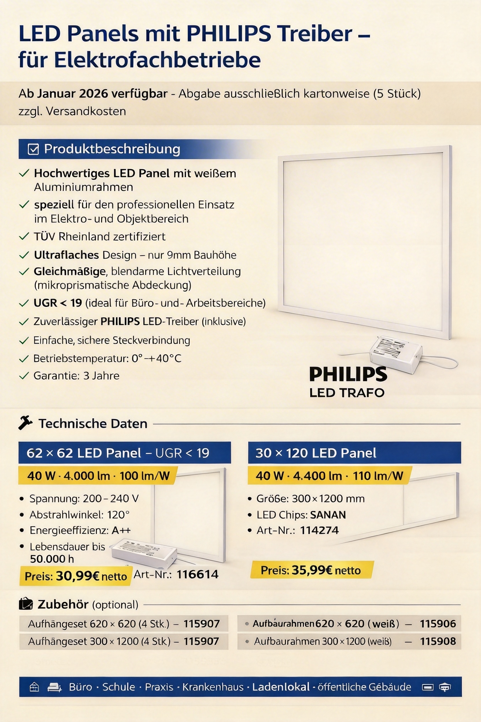  116614 - LED Panel 6262 UGR19 40W 4000LM 4000K,mit Philips Trafo